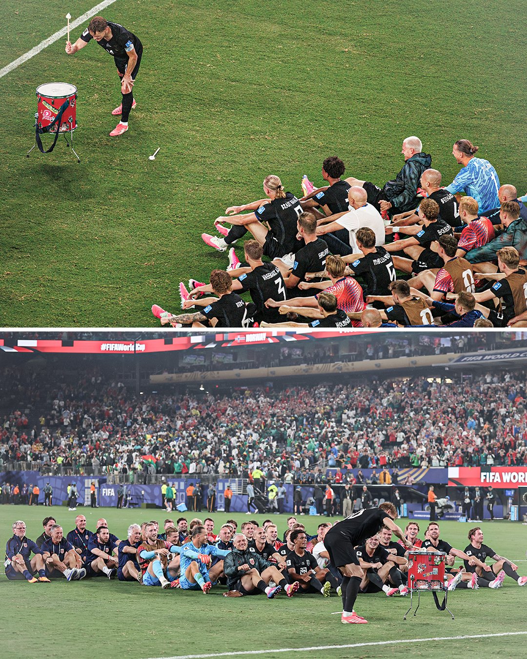 Norway national team performing the Viking Row on the pitch at the 2026 FIFA World Cup